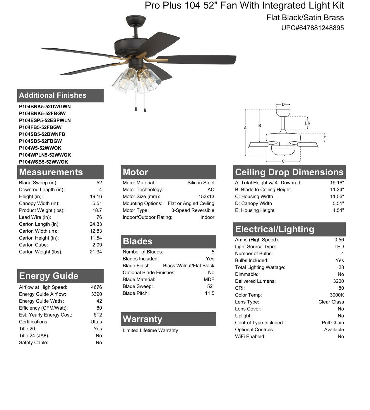 52" Pro Plus 104 in Flat Black/Satin Brass w/ White/Washed Oak Blades Ceiling Fan CRAFTMADE