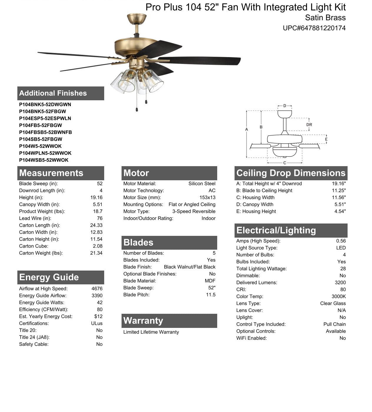 52" Pro Plus 104 in Satin Brass w/ Black Walnut/Flat Black Blades Ceiling Fan CRAFTMADE