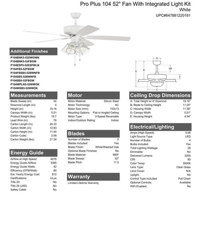 52" Pro Plus 104 in White w/ White/Washed Oak Blades Ceiling Fan CRAFTMADE