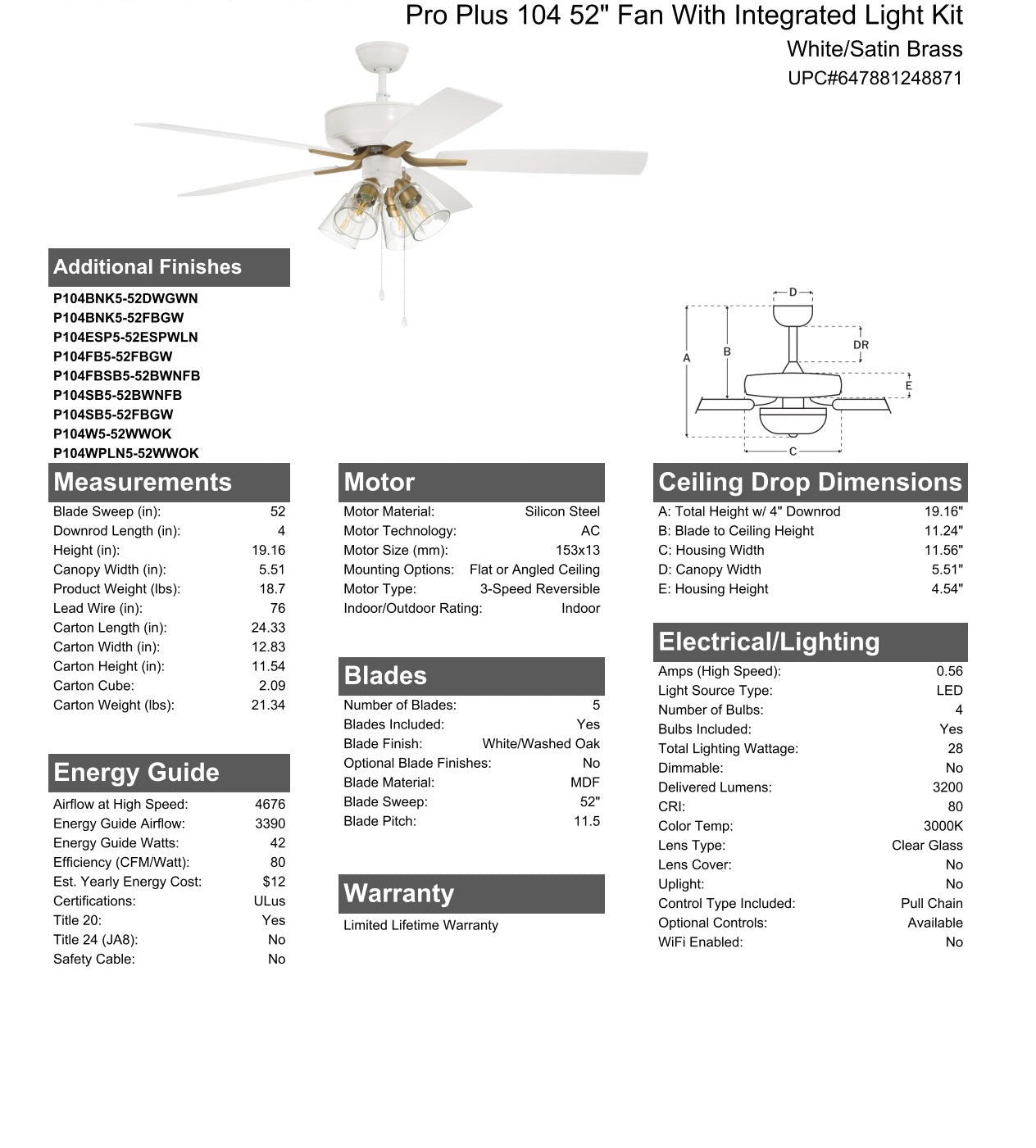 52" Pro Plus 104 in White/Satin Brass w/ White/Washed Oak Blades Ceiling Fan CRAFTMADE