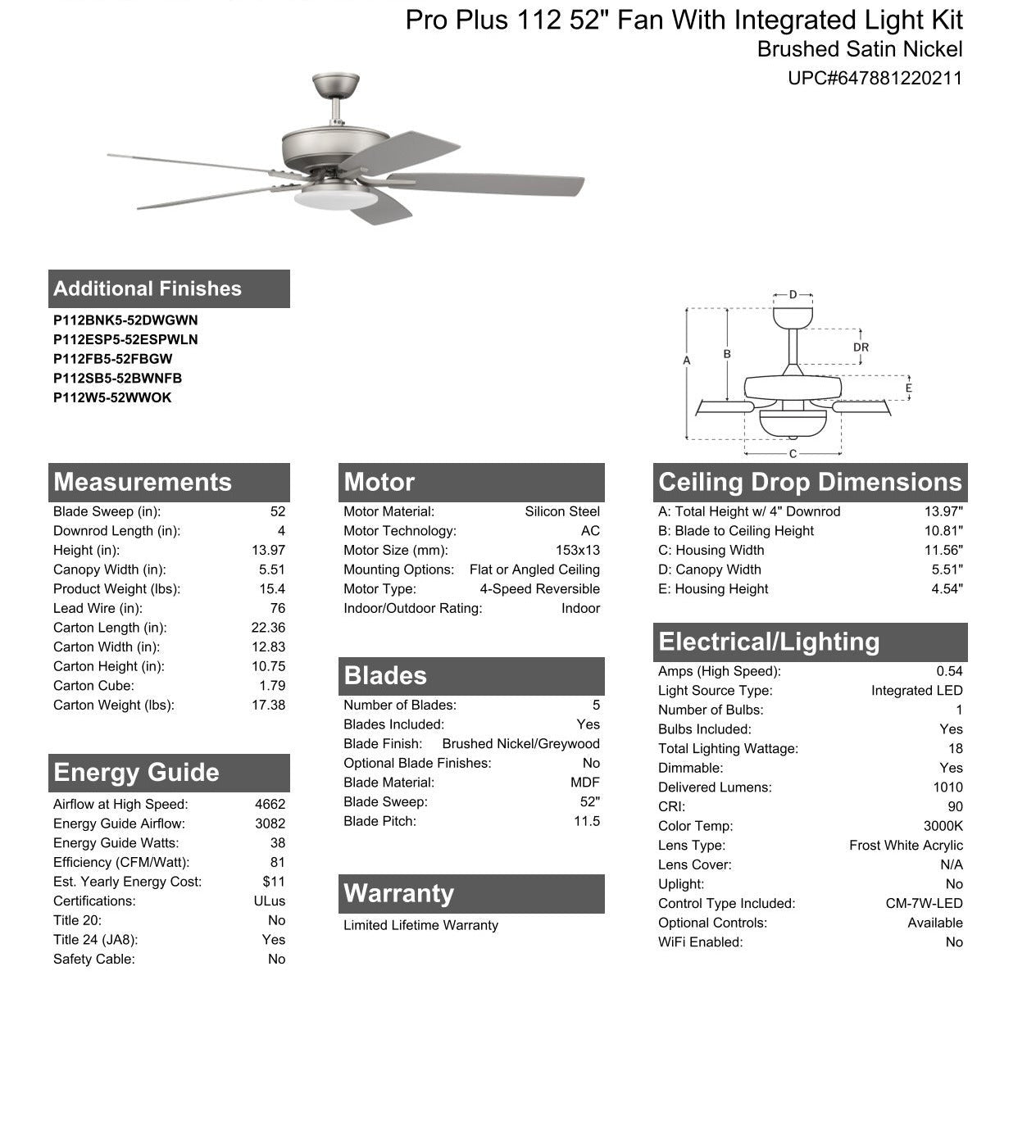 52" Pro Plus 112 in Brushed Nickel w/ Brushed Nickel/Greywood Blades Ceiling Fan CRAFTMADE