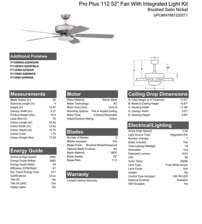 52" Pro Plus 112 in Brushed Nickel w/ Brushed Nickel/Greywood Blades Ceiling Fan CRAFTMADE