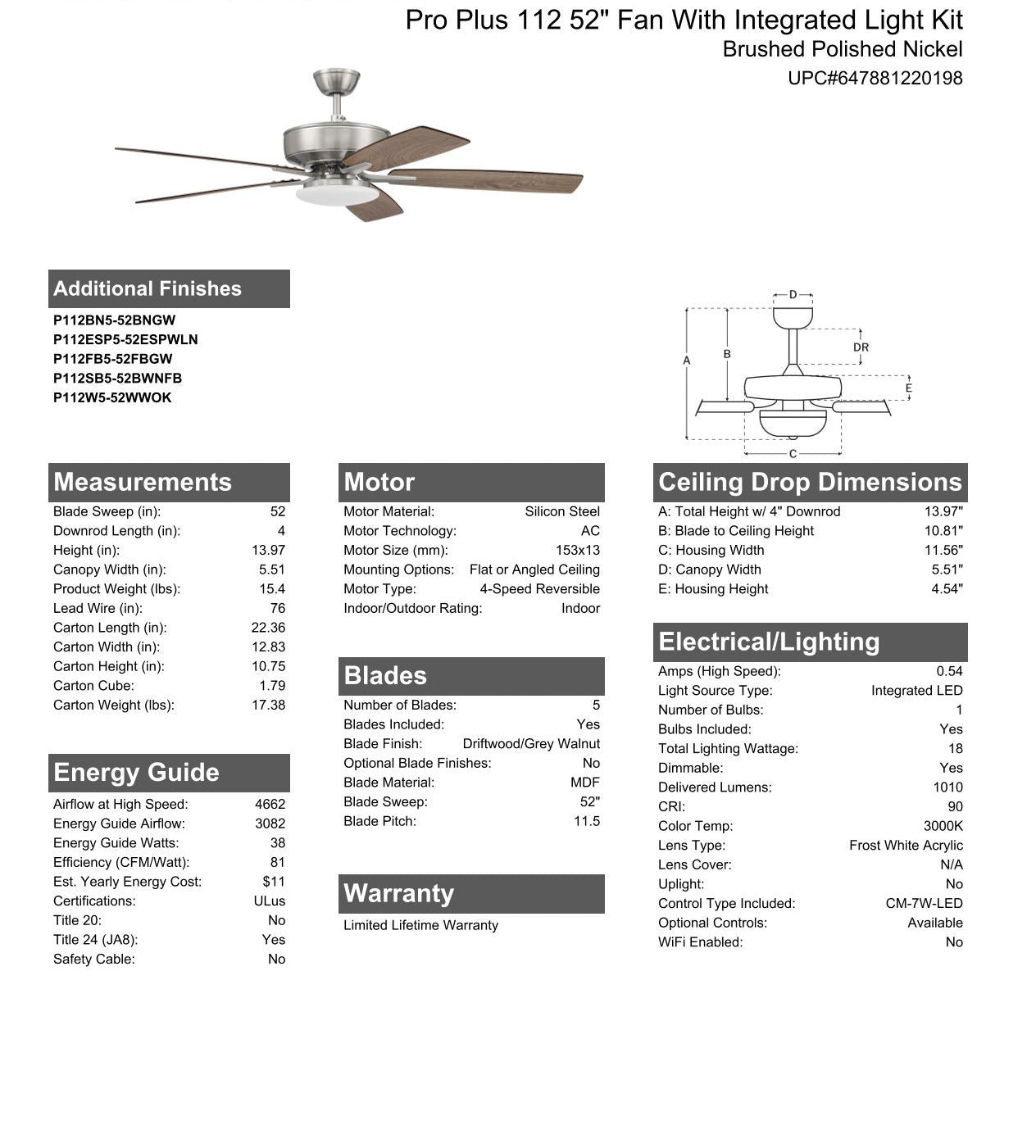 52" Pro Plus 112 in Brushed Polished Nickel w/ Driftwood/Grey Walnut Blades Ceiling Fan CRAFTMADE