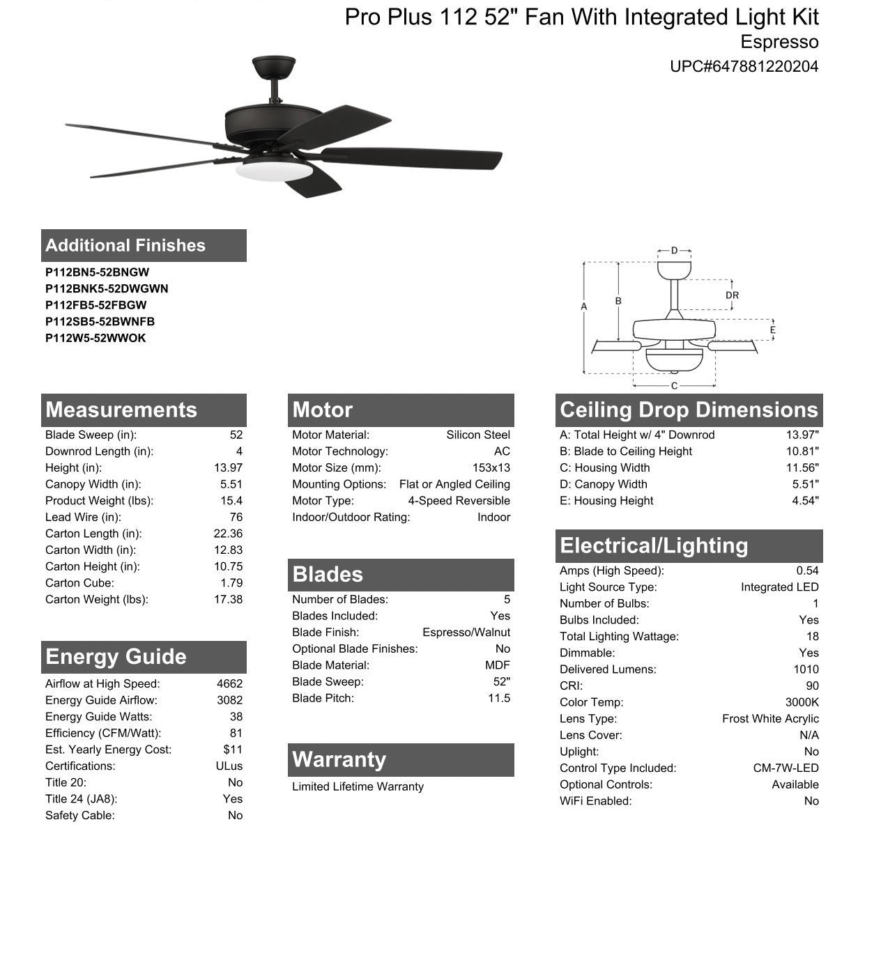 52" Pro Plus 112 in Espresso w/ Espresso/Walnut Blades Ceiling Fan CRAFTMADE