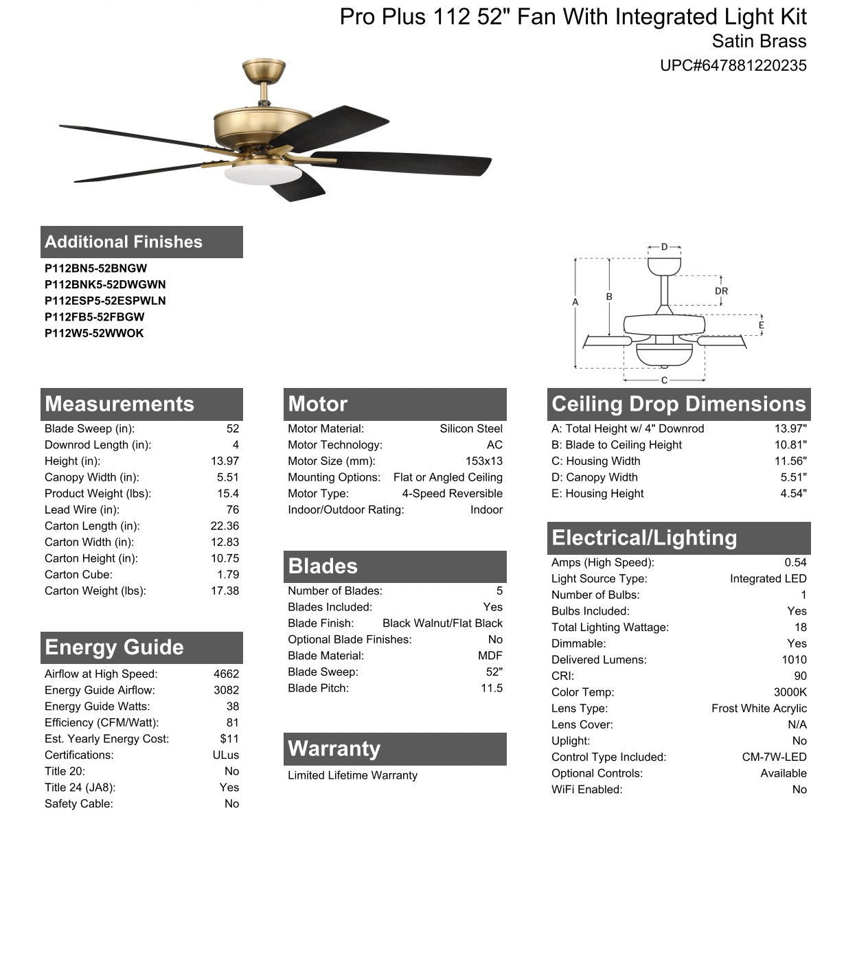 52" Pro Plus 112 in Satin Brass w/ Black Walnut/Flat Black Blades Ceiling Fan CRAFTMADE