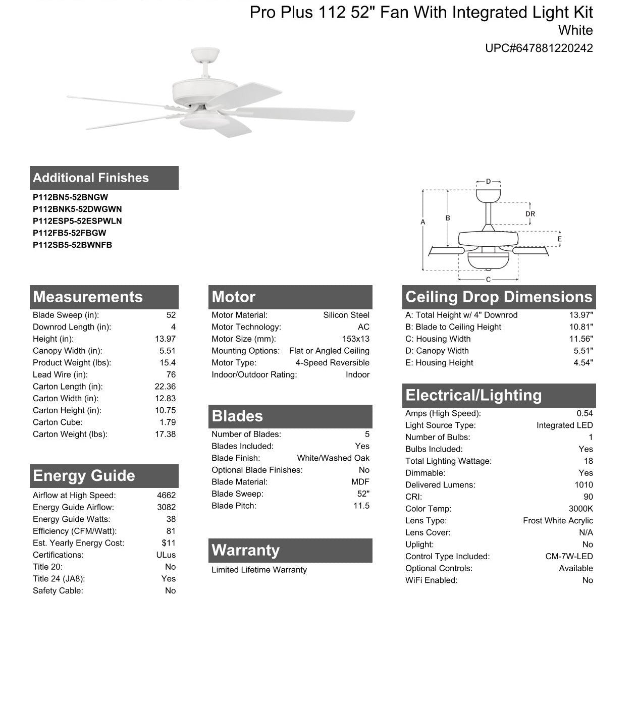 52" Pro Plus 112 in White w/ White/Washed Oak Blades Ceiling Fan CRAFTMADE