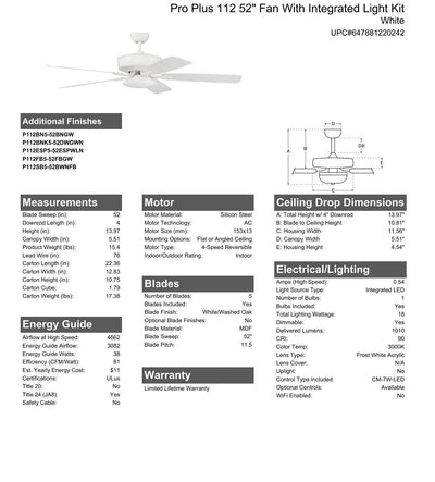 52" Pro Plus 112 in White w/ White/Washed Oak Blades Ceiling Fan CRAFTMADE