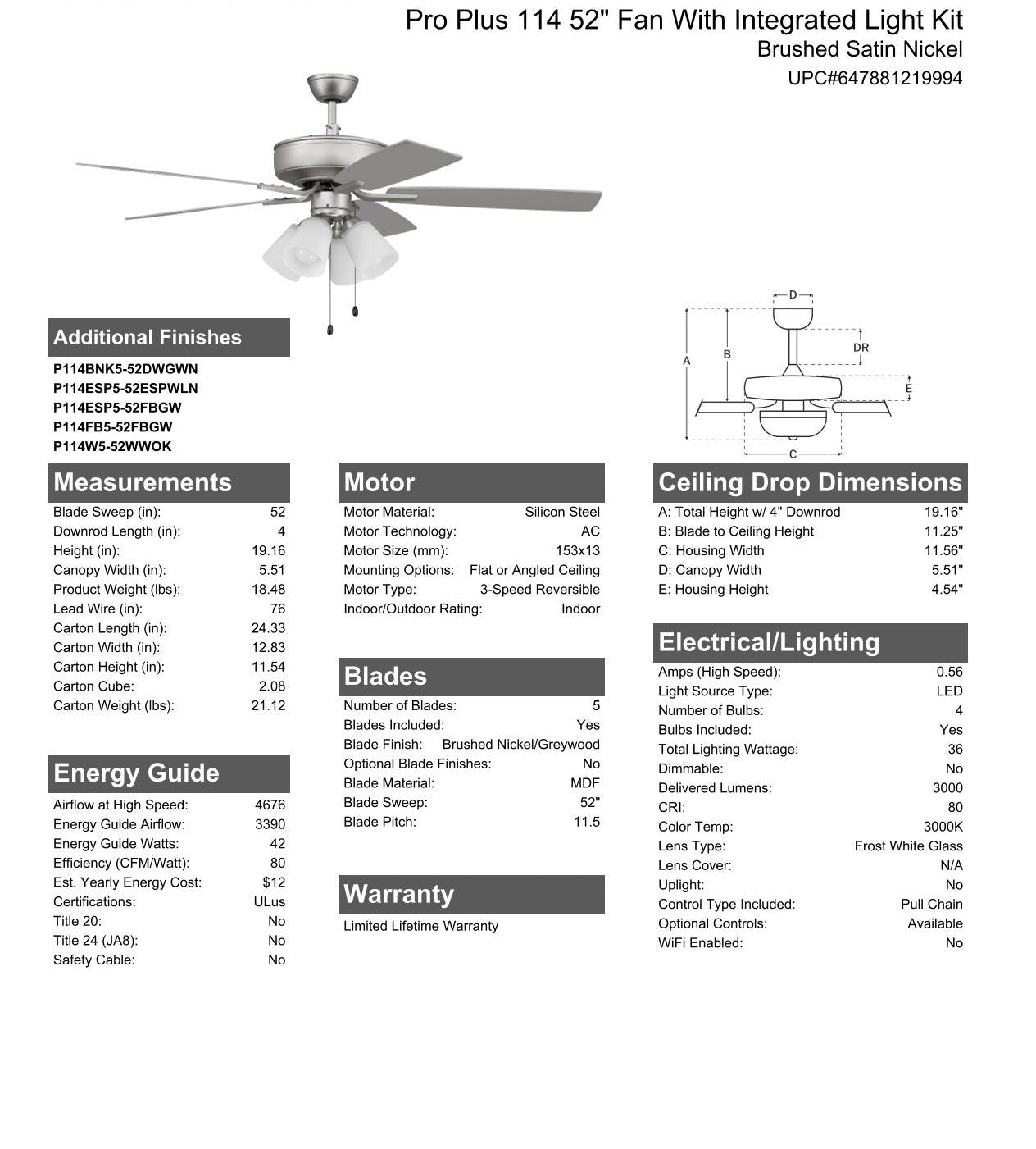 52" Pro Plus 114 in Brushed Nickel w/ Brushed Nickel/Greywood Blades Ceiling Fan CRAFTMADE