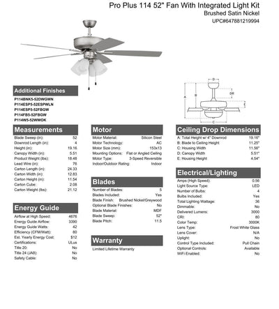 52" Pro Plus 114 in Brushed Nickel w/ Brushed Nickel/Greywood Blades Ceiling Fan CRAFTMADE