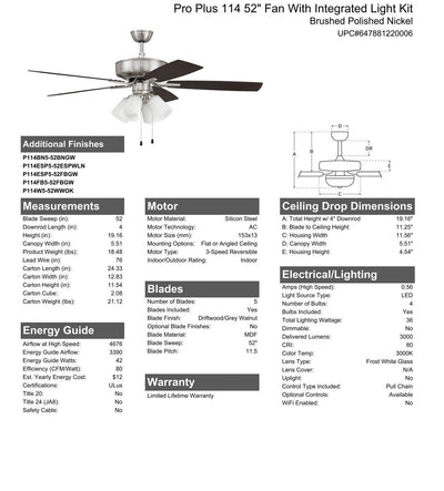 52" Pro Plus 114 in Brushed Polished Nickel w/ Driftwood/Grey Walnut Blades Ceiling Fan CRAFTMADE