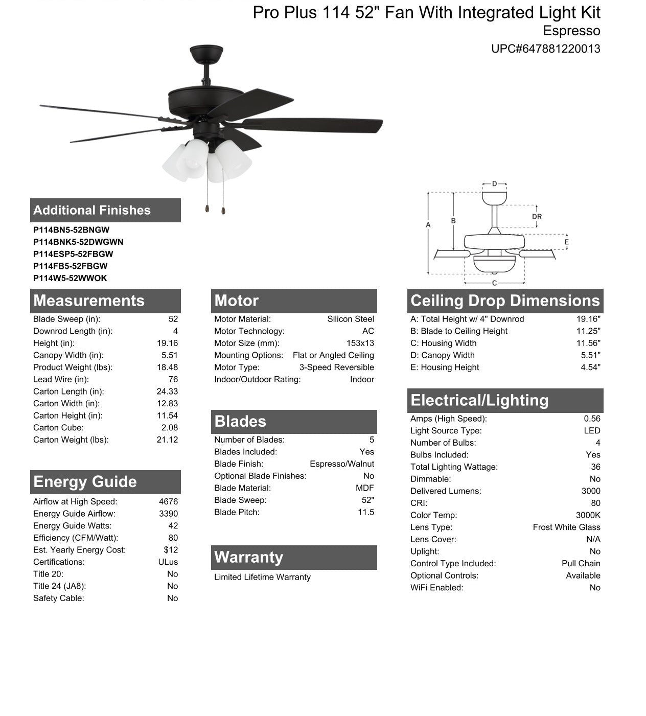 52" Pro Plus 114 in Espresso w/ Espresso/Walnut Blades Ceiling Fan CRAFTMADE