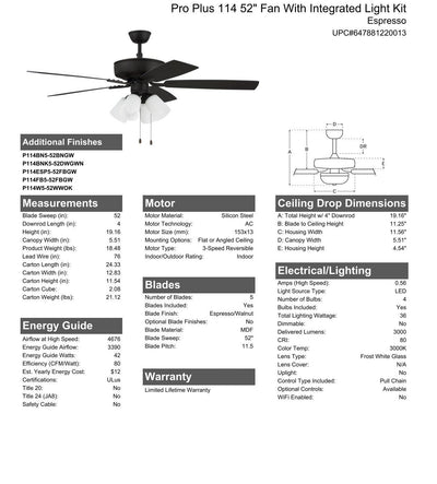 52" Pro Plus 114 in Espresso w/ Espresso/Walnut Blades Ceiling Fan CRAFTMADE