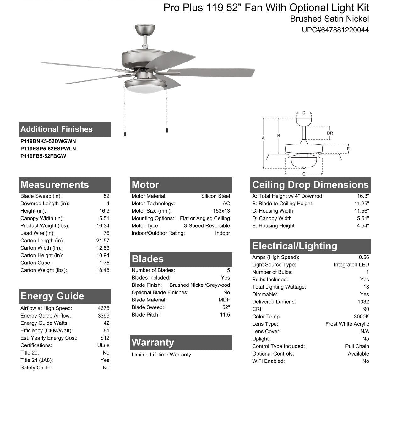 52" Pro Plus 119 in Brushed Nickel w/ Brushed Nickel/Greywood Blades Ceiling Fan CRAFTMADE