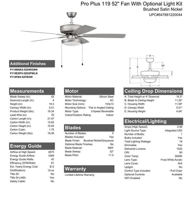 52" Pro Plus 119 in Brushed Nickel w/ Brushed Nickel/Greywood Blades Ceiling Fan CRAFTMADE