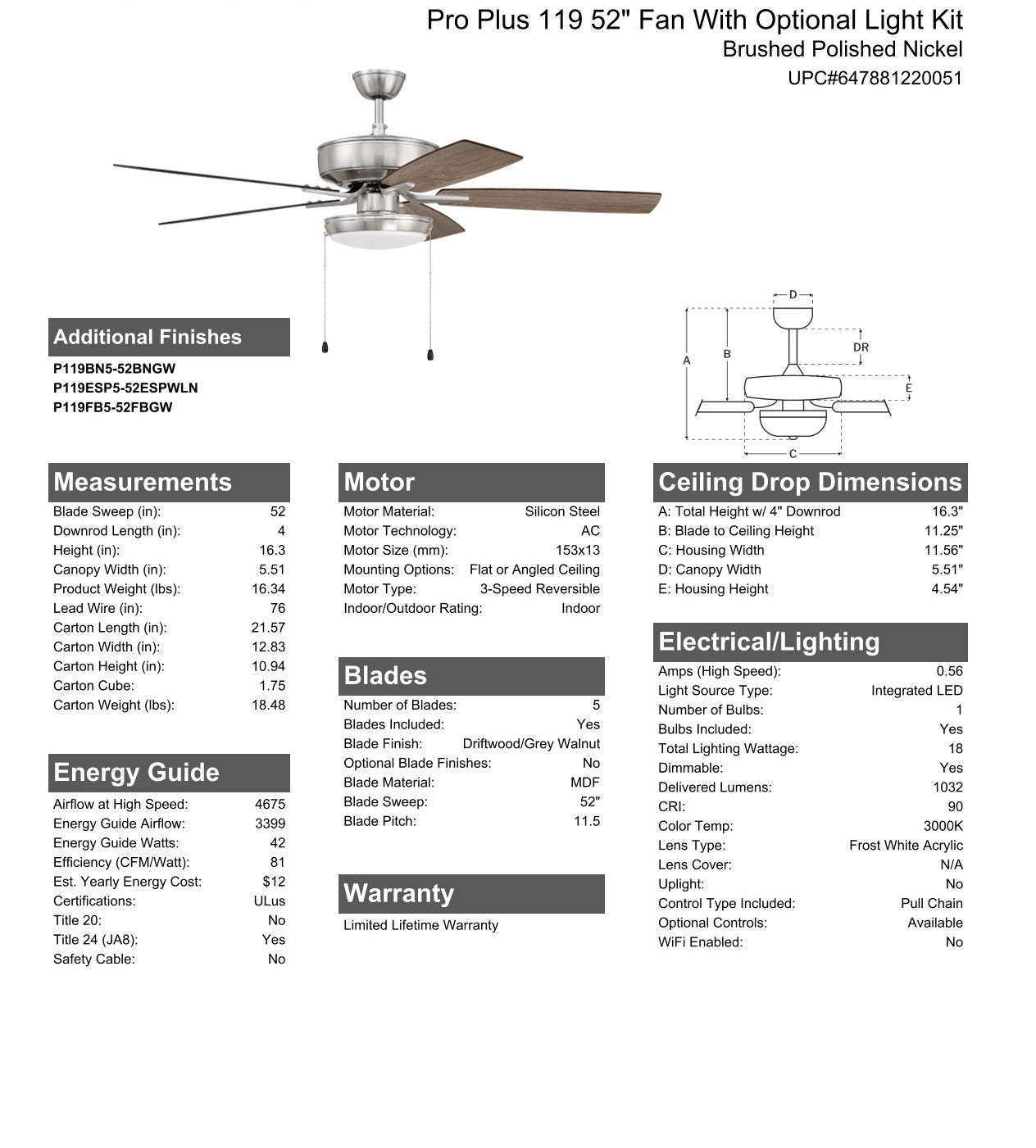 52" Pro Plus 119 in Brushed Polished Nickel w/ Driftwood/Grey Walnut Blades Ceiling Fan CRAFTMADE