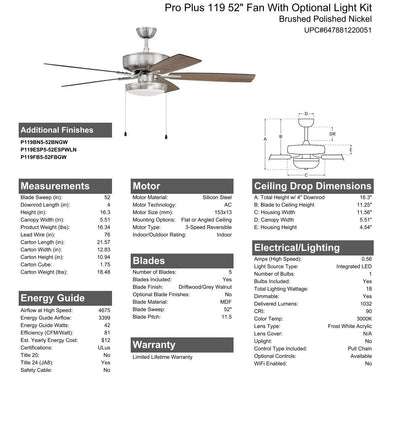 52" Pro Plus 119 in Brushed Polished Nickel w/ Driftwood/Grey Walnut Blades Ceiling Fan CRAFTMADE