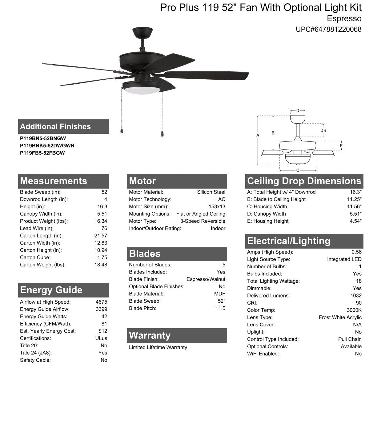 52" Pro Plus 119 in Espresso w/ Espresso/Walnut Blades Ceiling Fan CRAFTMADE