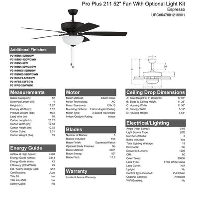 52" Pro Plus 211 in Espresso w/ Espresso/Walnut Blades Ceiling Fan CRAFTMADE