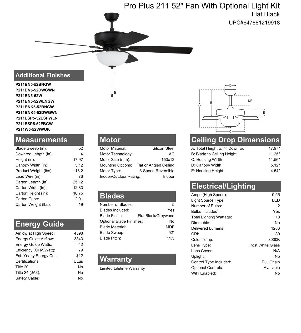 52" Pro Plus 211 in Flat Black  w/ Flat Black/Grey Wood Blades Ceiling Fan CRAFTMADE