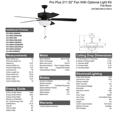 52" Pro Plus 211 in Flat Black  w/ Flat Black/Grey Wood Blades Ceiling Fan CRAFTMADE