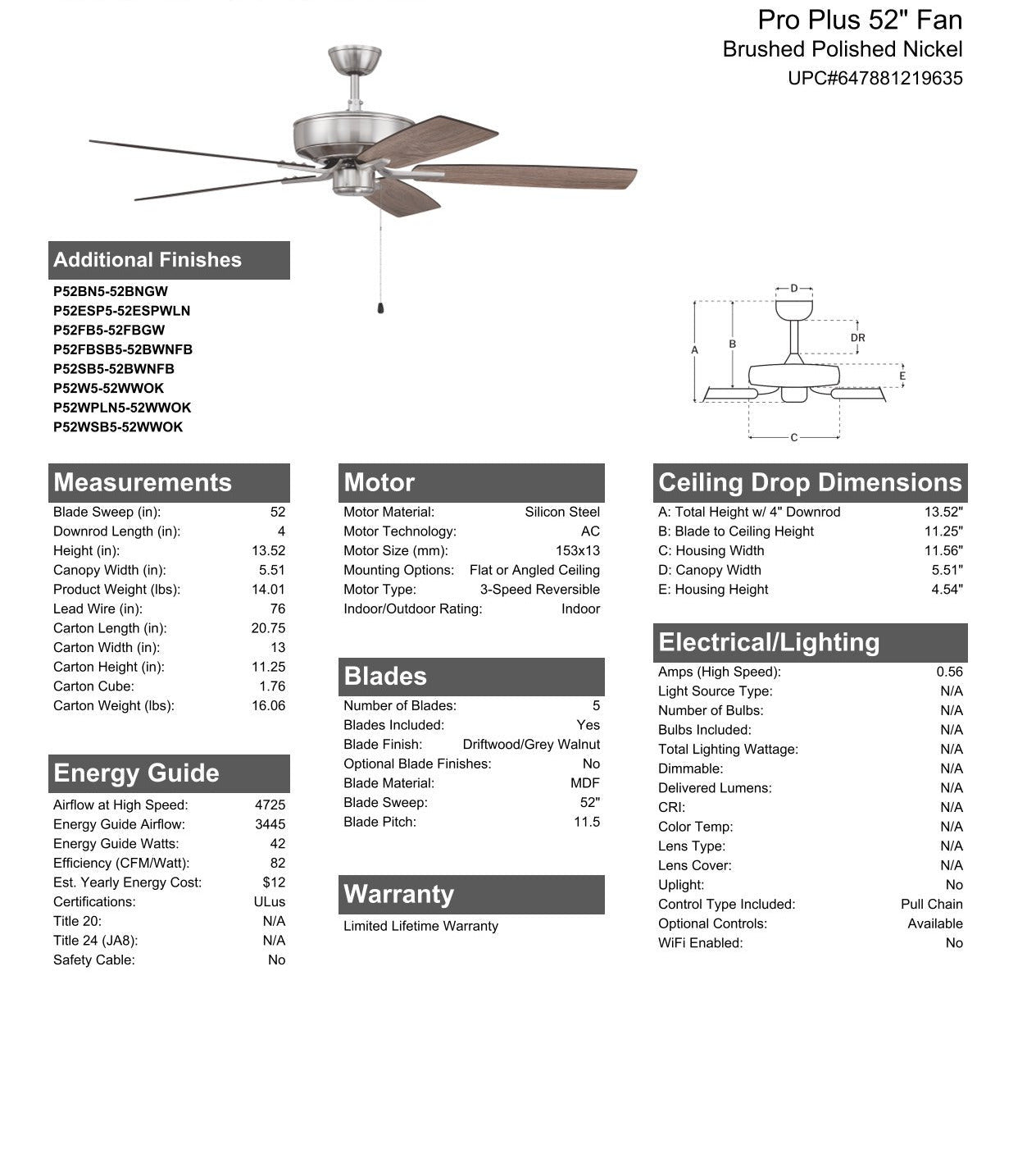 52" Pro Plus Fan in Brushed Polished Nickel w/ Driftwood/Grey Walnut Blades Ceiling Fan CRAFTMADE