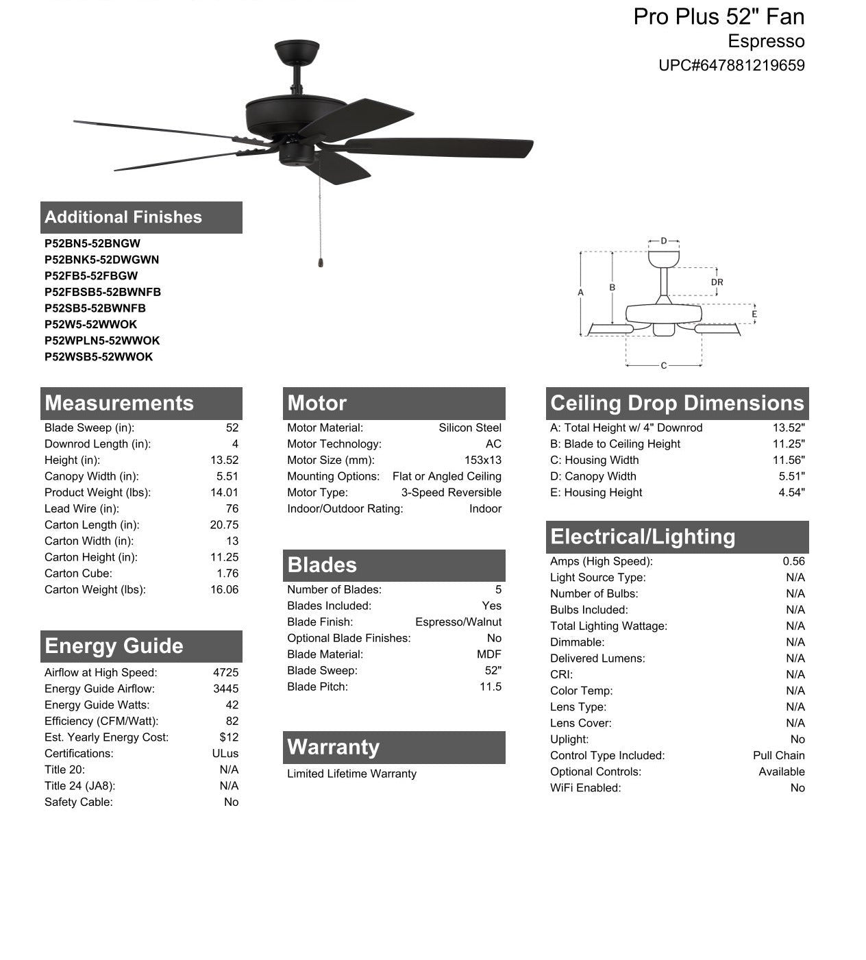 52" Pro Plus in Espresso w/ Espresso/Walnut Blades Ceiling Fan CRAFTMADE