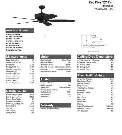 52" Pro Plus in Espresso w/ Espresso/Walnut Blades Ceiling Fan CRAFTMADE