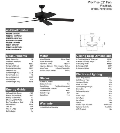 52" Pro Plus in Flat Black  w/ Flat Black/Greywood Blades Ceiling Fan CRAFTMADE