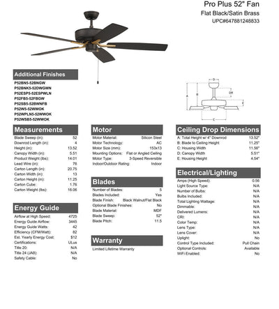 52" Pro Plus in Flat Black/Satin Brass w/ Black Walnut/Flat Black Blades Ceiling Fan CRAFTMADE