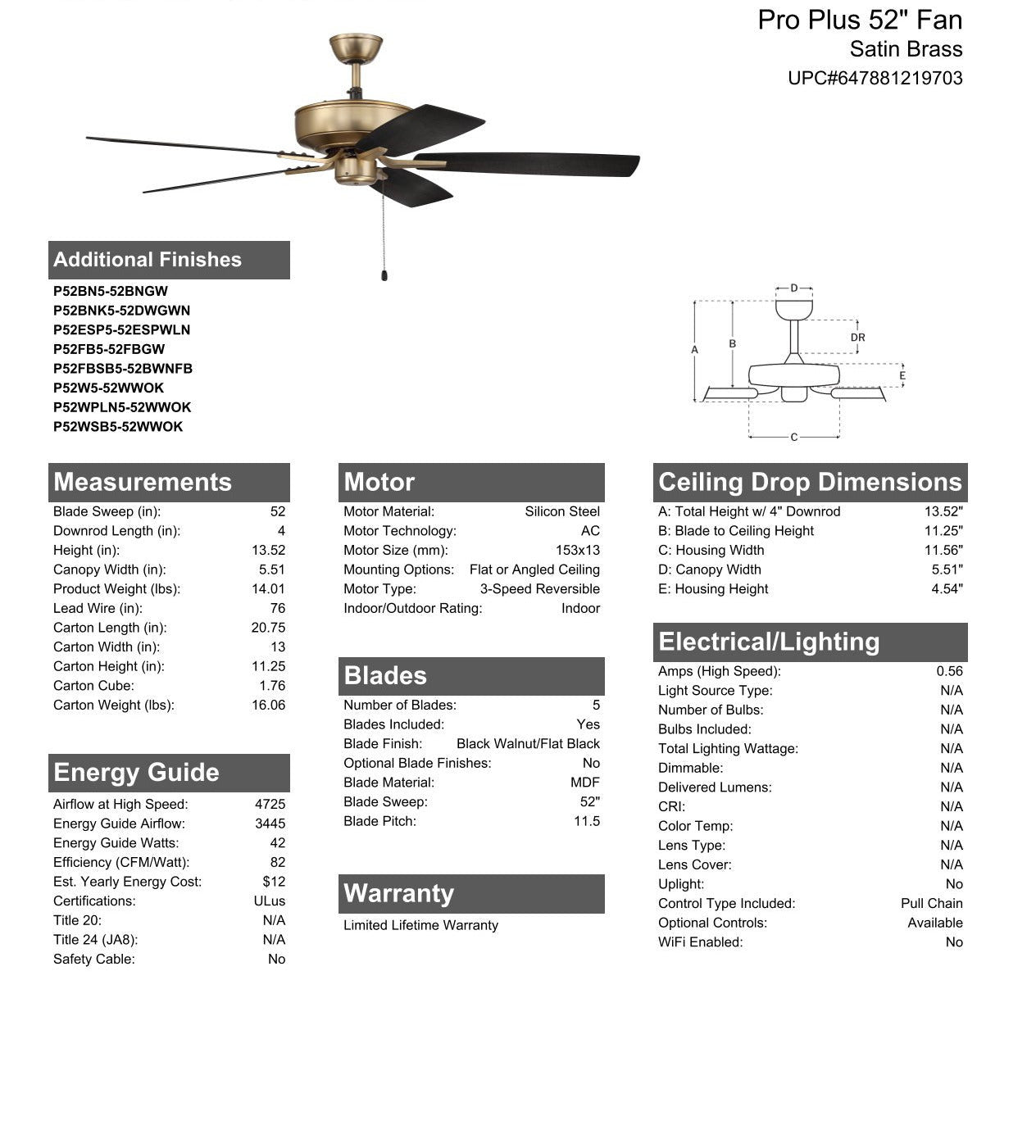 52" Pro Plus in Satin Brass w/ Black Walnut/Flat Black Blades Ceiling Fan CRAFTMADE