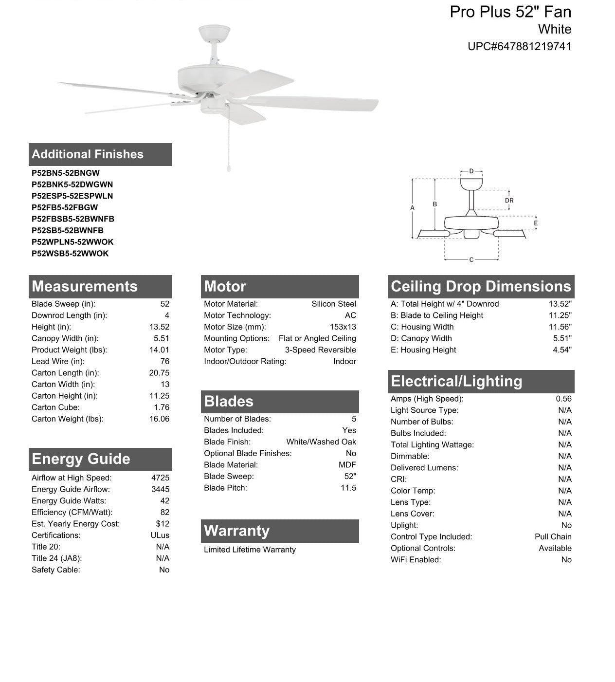 52" Pro Plus in White w/ White/Washed Oak Blades Ceiling Fan CRAFTMADE