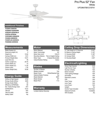 52" Pro Plus in White w/ White/Washed Oak Blades Ceiling Fan CRAFTMADE