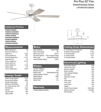 52" Pro Plus in White/Polished Nickel w/ White/Washed Oak Blades Ceiling Fan CRAFTMADE