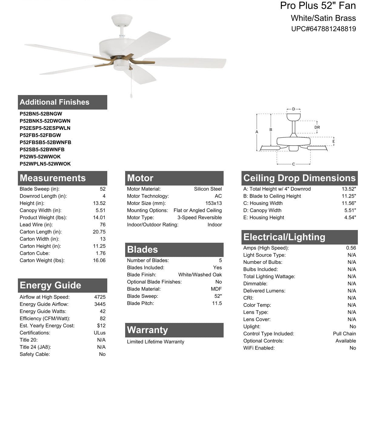 52" Pro Plus  in White/Satin Brass w/ White/Washed Oak Blades Ceiling Fan CRAFTMADE