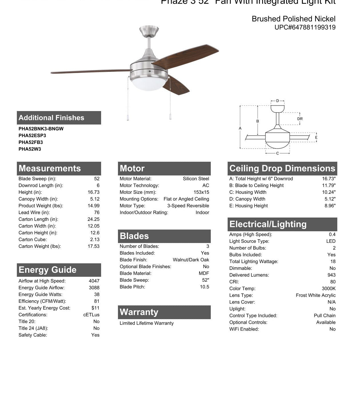 52" Phaze 3 in Brushed Polished Nickel w/ Walnut/Dark Oak Blades Ceiling Fan CRAFTMADE