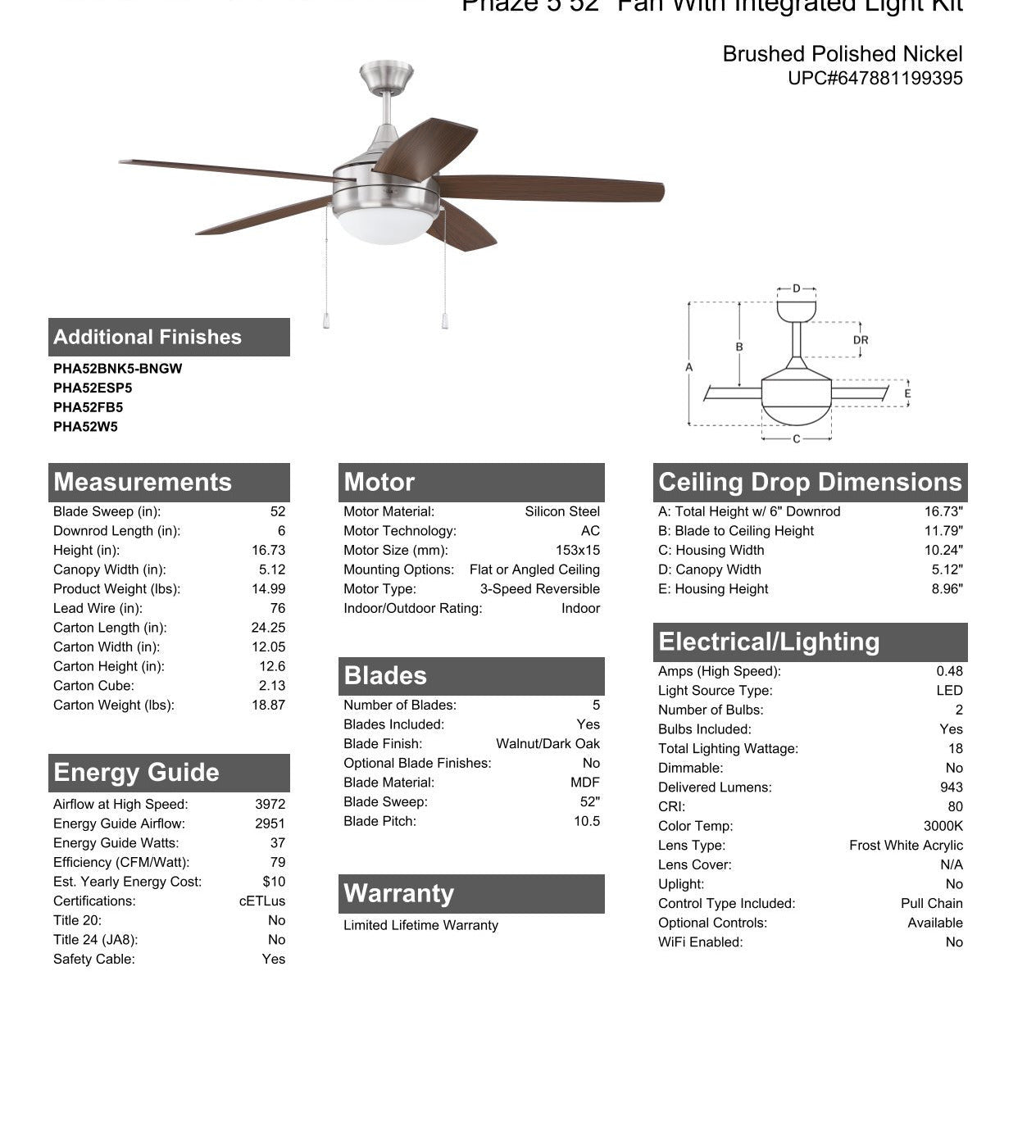 52" Phaze 5 in Brushed Polished Nickel w/ Walnut/Dark Oak Blades Ceiling Fan CRAFTMADE