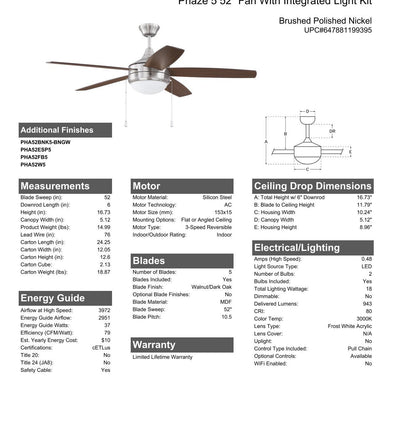 52" Phaze 5 in Brushed Polished Nickel w/ Walnut/Dark Oak Blades Ceiling Fan CRAFTMADE