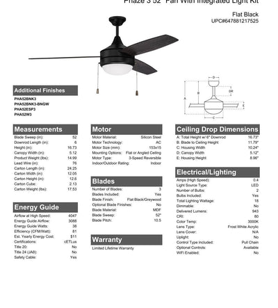 52" Phaze 3 in Flat Black  w/ Flat Black/Greywood Blades Ceiling Fan CRAFTMADE