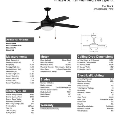 52" Phaze 4 in Flat Black  w/ Flat Black/Greywood Blades Ceiling Fan CRAFTMADE