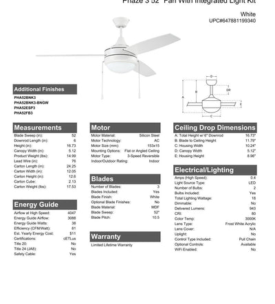 52" Phaze 3 in White w/ White Blades Ceiling Fan CRAFTMADE