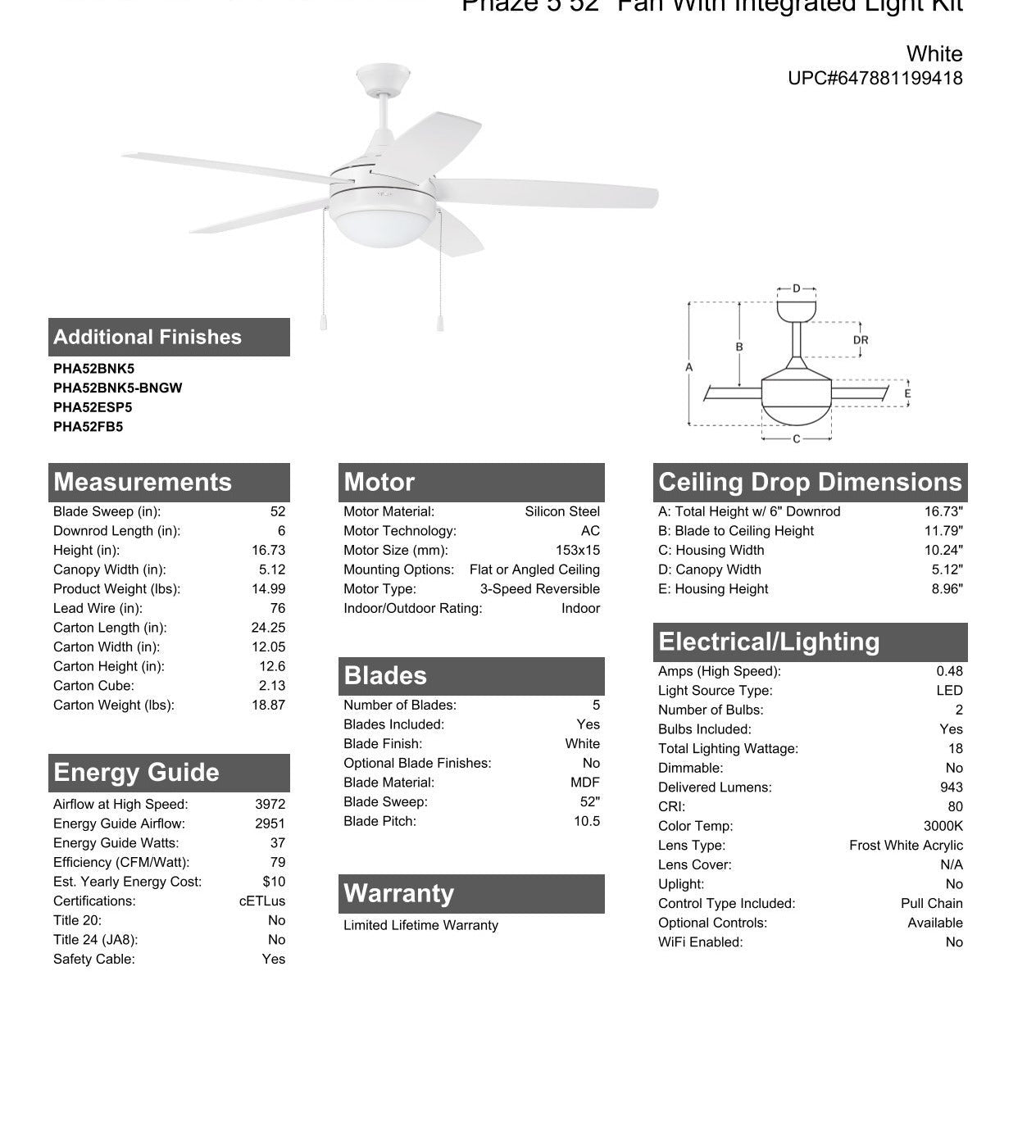 52" Phaze 5 in White w/ White Blades Ceiling Fan CRAFTMADE