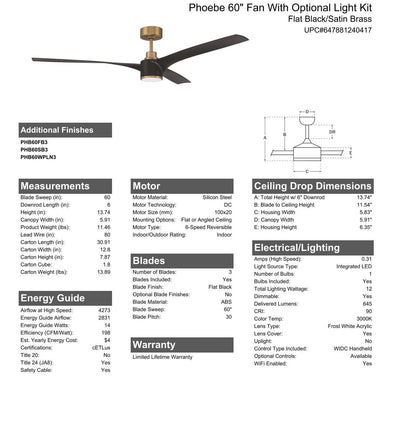 60" Phoebe in Flat Black/Satin Brass w/ Flat Black Blades Ceiling Fan CRAFTMADE