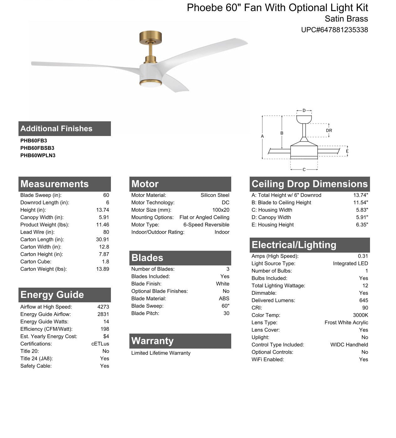 60" Phoebe in Satin Brass w/ White Blades Ceiling Fan CRAFTMADE