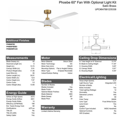 60" Phoebe in Satin Brass w/ White Blades Ceiling Fan CRAFTMADE