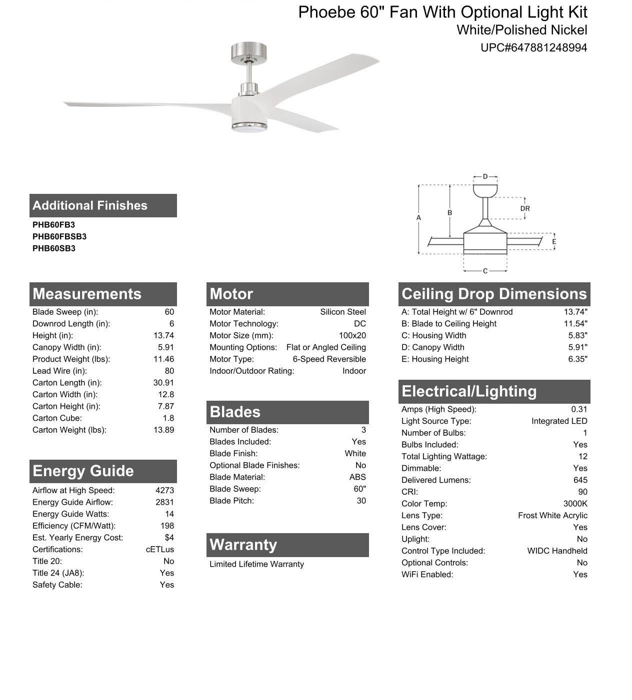 60" Phoebe in White/Polished Nickel w/ White Blades Ceiling Fan CRAFTMADE