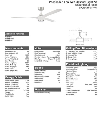 60" Phoebe in White/Polished Nickel w/ White Blades Ceiling Fan CRAFTMADE