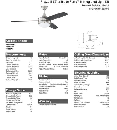 52" Phaze II 3-Blade in Brushed Polished Nickel w/ Brushed Nickel/Greywood Textured Blades Ceiling Fan CRAFTMADE