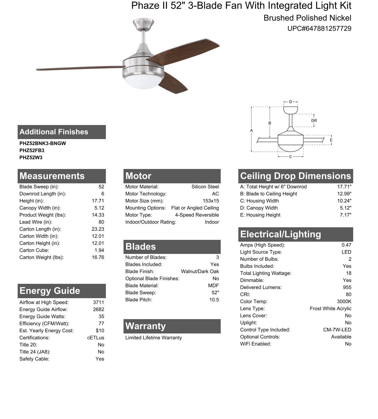 52" Phaze II 3-Blade in Brushed Polished Nickel w/ Walnut/Dark Oak Blades Ceiling Fan CRAFTMADE