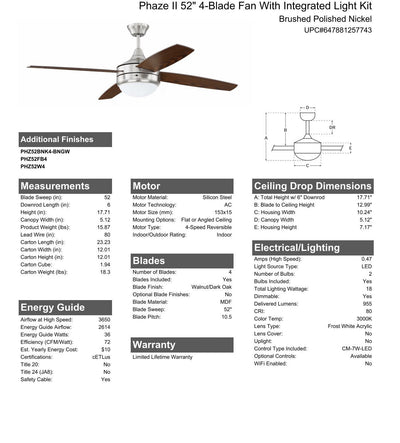 52" Phaze II 4-Blade in Brushed Polished Nickel w/ Walnut/Dark Oak Blades Ceiling Fan CRAFTMADE