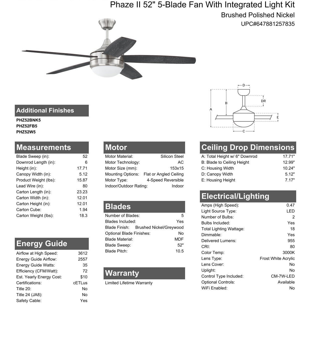 52" Phaze II 5-Blade in Brushed Polished Nickel w/ Brushed Nickel/Greywood Blades Ceiling Fan CRAFTMADE